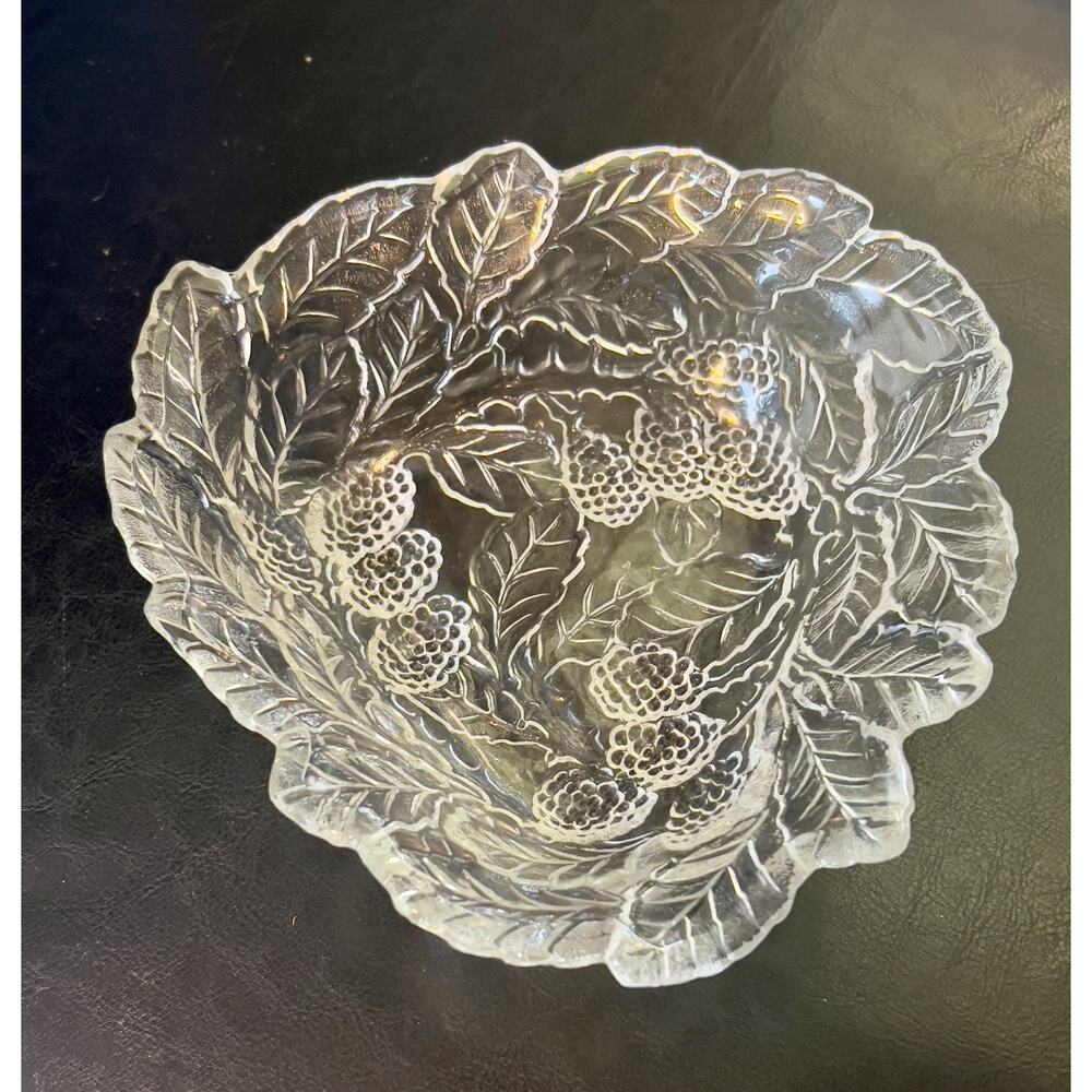 Vintage Indiana Glass Loganberry Berries & Leaves Clear Berry Bowl Candy Dish